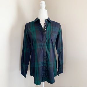 ORVIS Green Blue Plaid Jeweled Cotton Button Down Top Medium